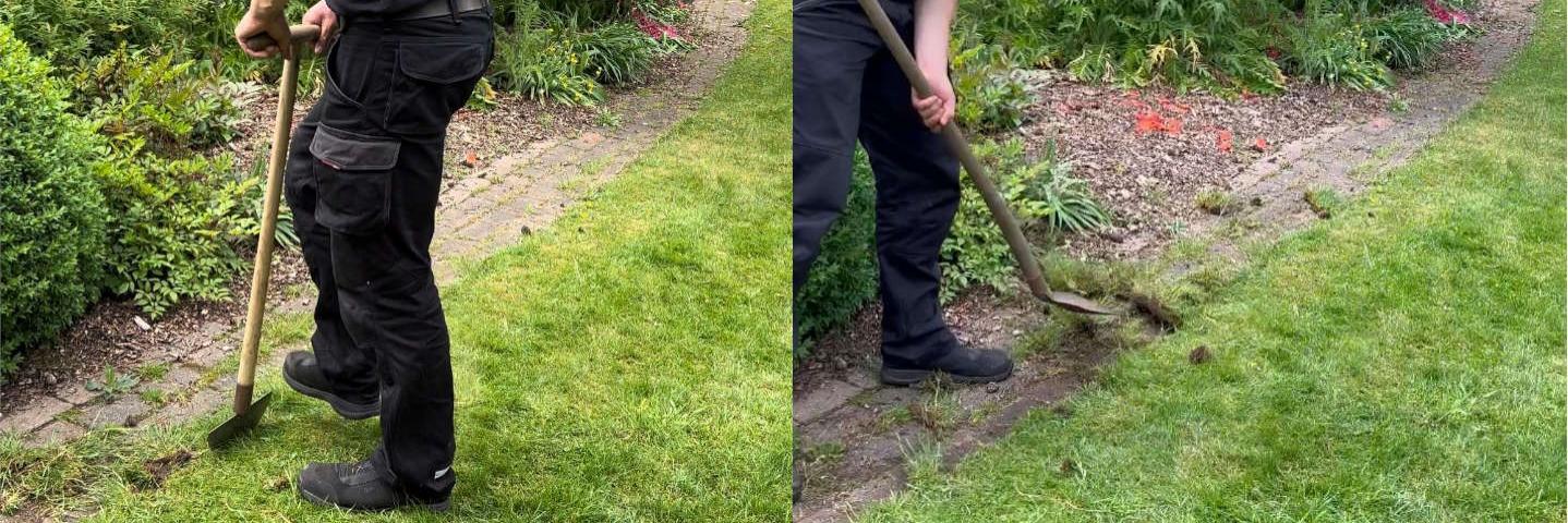 Rasenkante stechen und entfernen mit Rasenkantenstecher und Schaufel